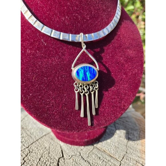 Alpaca Silver & Lab Opal Pendant & Torque Necklace from Mexico - Picture 2 of 10